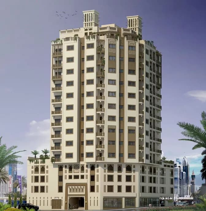 Architectural render of a high-rise apartment tower with wind-tower details on the roof