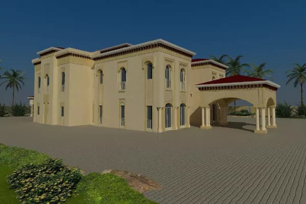 Architectural render of a two-storey majlis with arched windows and a red-roofed entrance portico