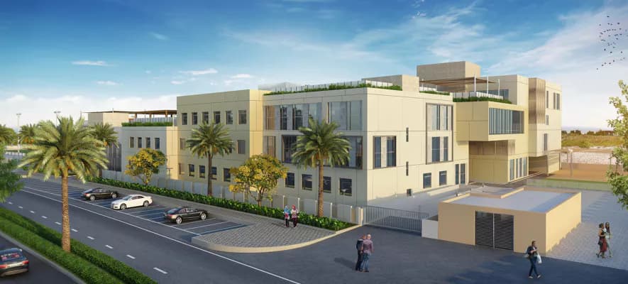 Architectural render of a three-storey school building with rooftop planting, palm trees and a car park