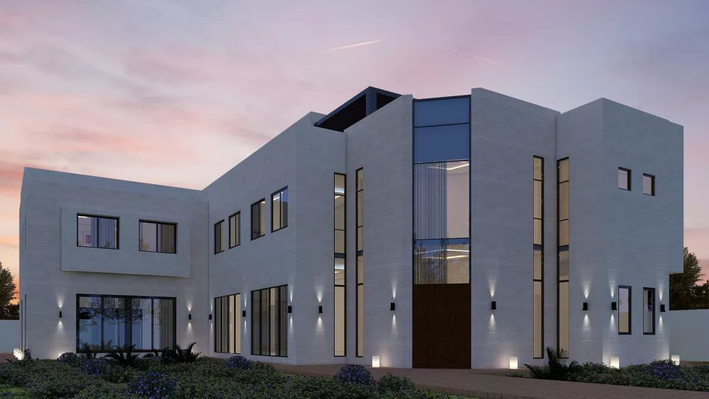 Architectural render of a two-storey private villa in pale stone with tall vertical windows, lit at dusk